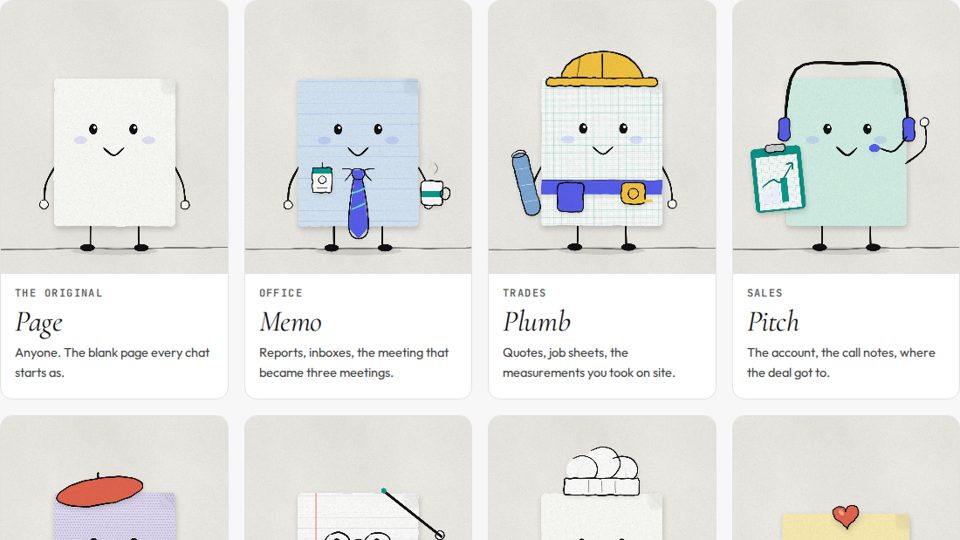 Eight paper characters: Page, Memo, Plumb, Pitch, Doodle, Chalk, Crumb and Sticky