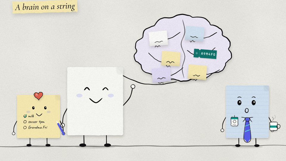 A paper brain made of Streams, floating like a balloon a paper character holds