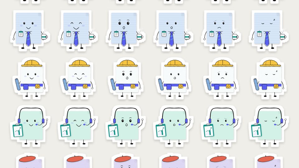 Paper character stickers with white die-cut edges, in six moods